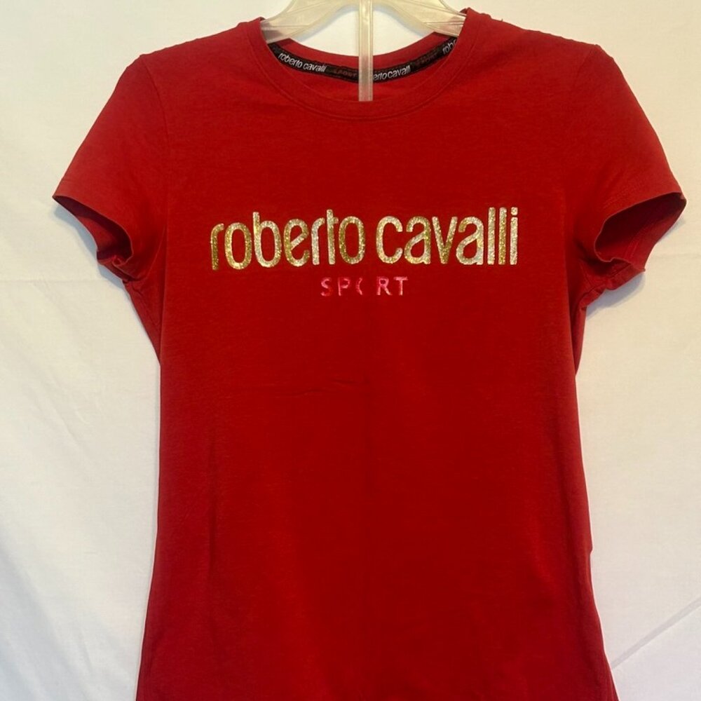 Roberto Cavalli Sport ~Red Tee Shirt Women's Short Sleeve Glitter Writing ~Sz.S